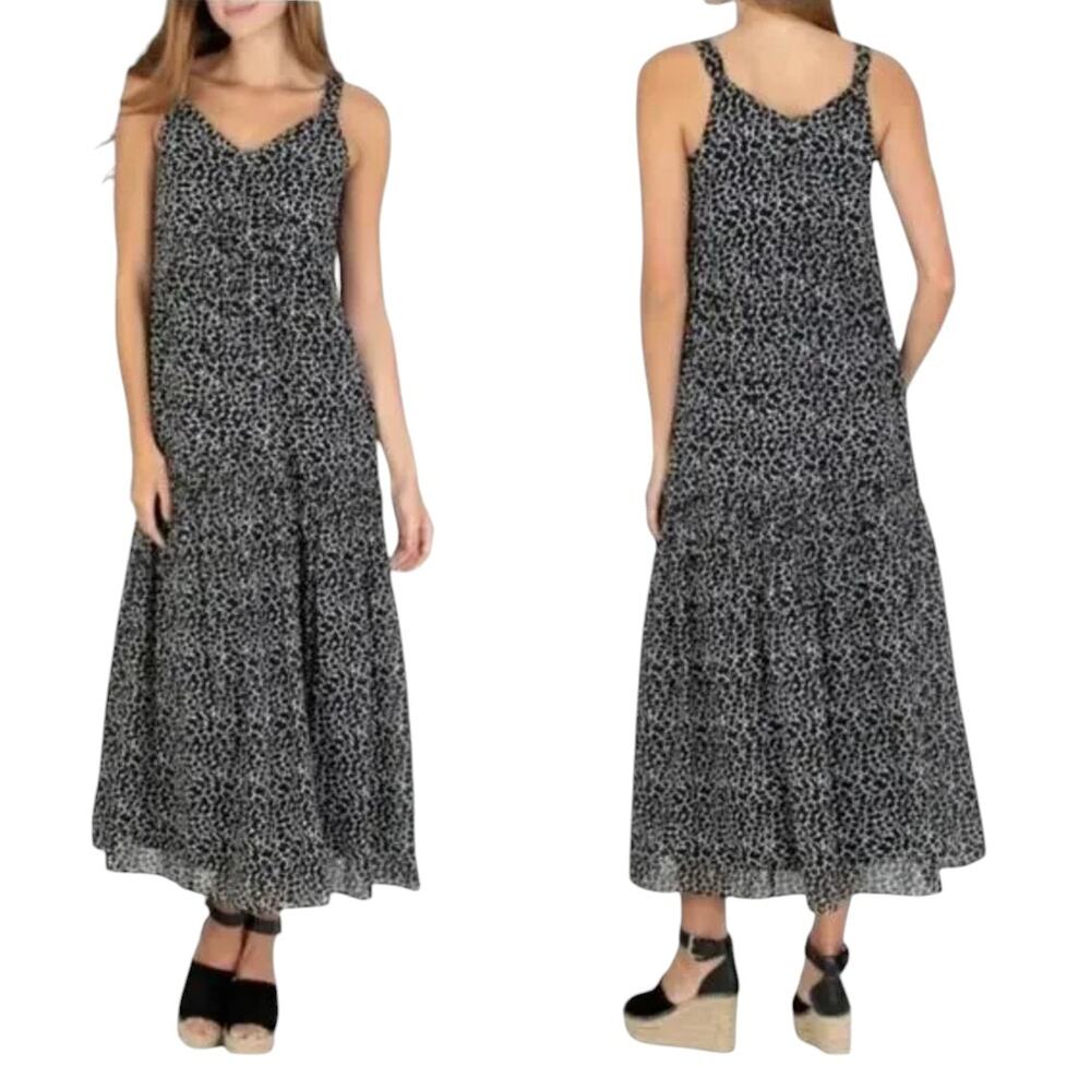 Joie Black Caviar Large White Floral Tiered Cotton Maxi Dress